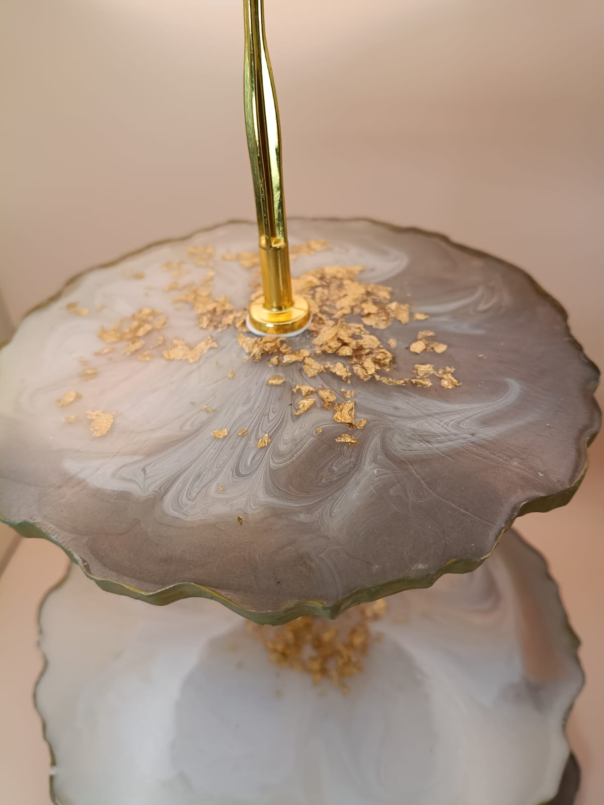 Handcrafted resin tier tray with swirling smoke tones and delicate gold leaf accents